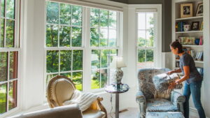 Double-hung windows overlooking the outdoors 